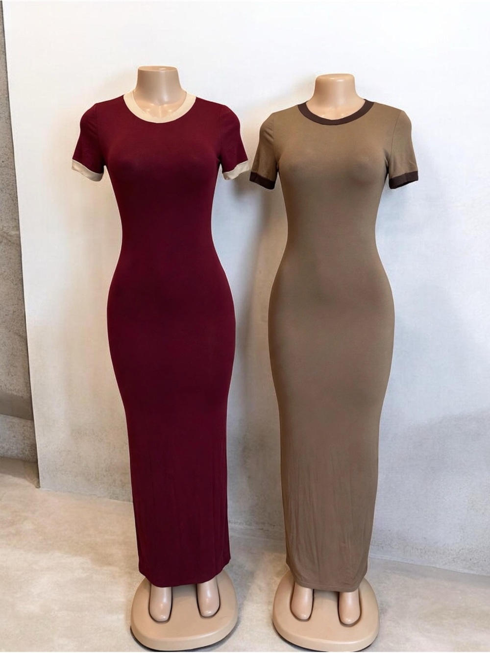 Women’s Short-Sleeve Ribbed Maxi Dress - Burgundy and Taupe